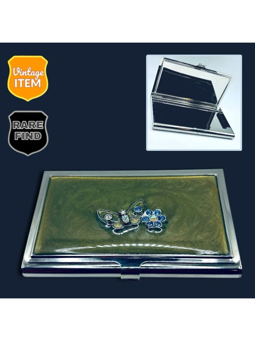 Vintage Brighton Metal Card Holder Case with Green Enameled Gem Butterfly Cover.